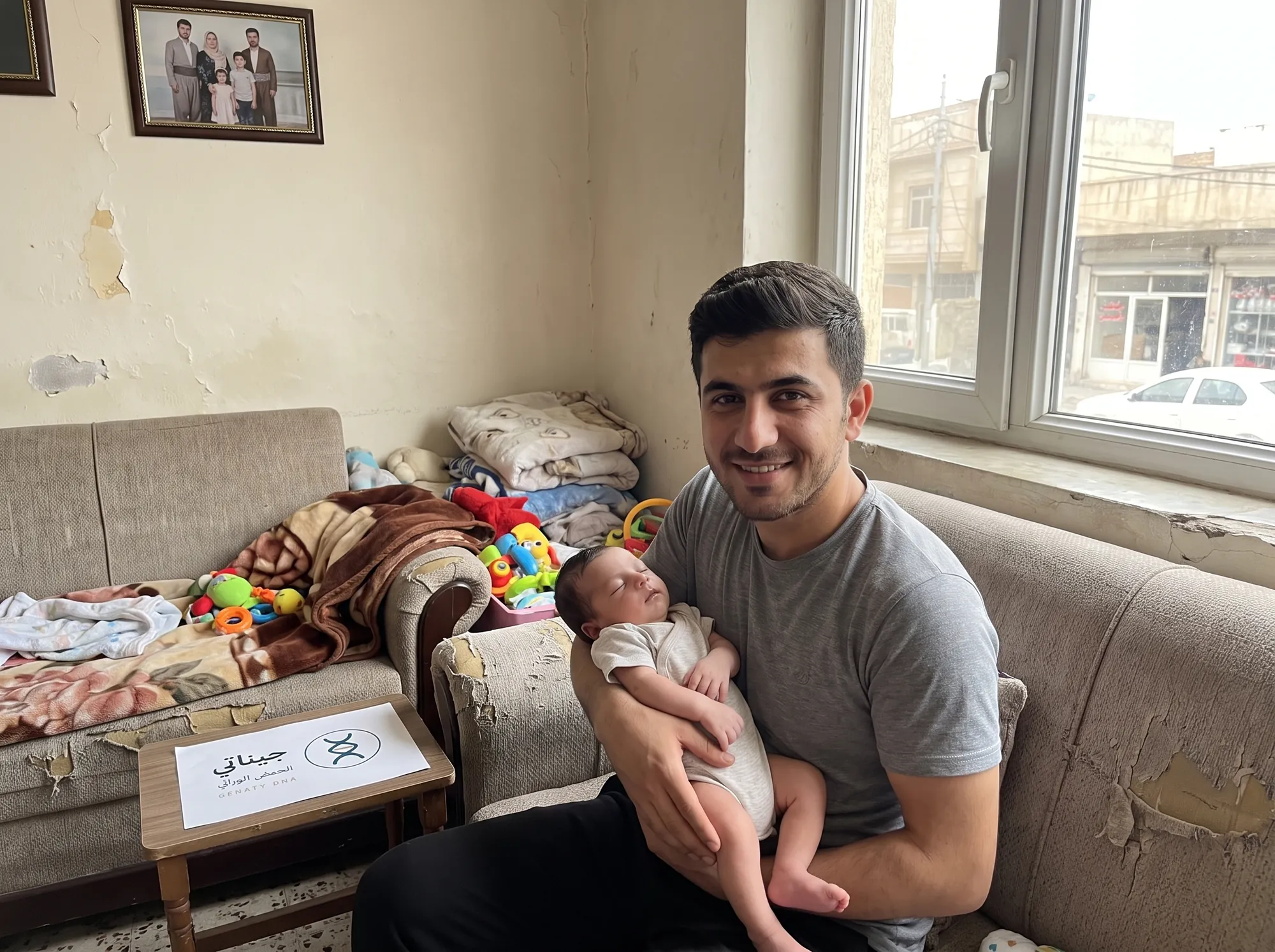 Ein kurdischer Vater hält die Hand seines Neugeborenen am Fenster
